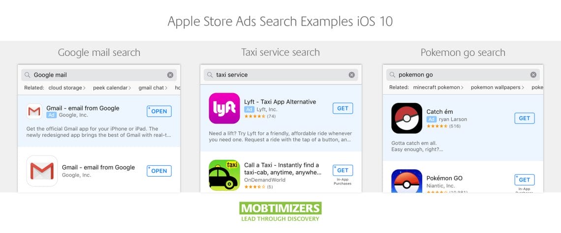 Examples of search ads in the apple app store (ios 10) ASO